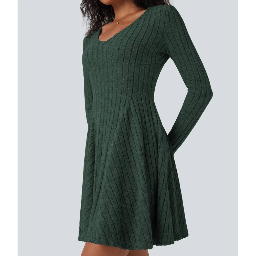 Halara nwt S Green ribbed knit long sleeve flare mini casual dress office travel